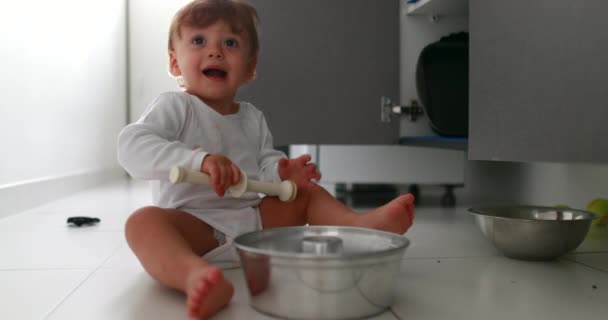 Baby Playing Pans Pots Kitchen Floor One Year Old Toddler — Vídeo de stock