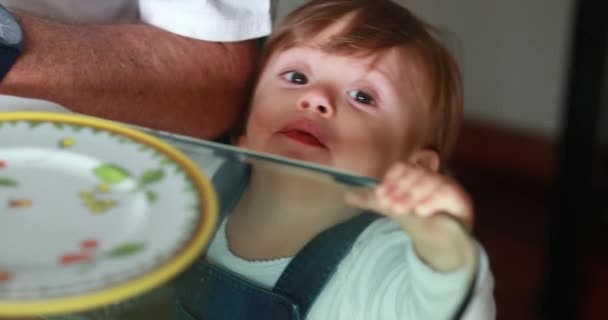 Cute Baby Leaning Table Tiptoe One Year Old Standing Looking — kuvapankkivideo
