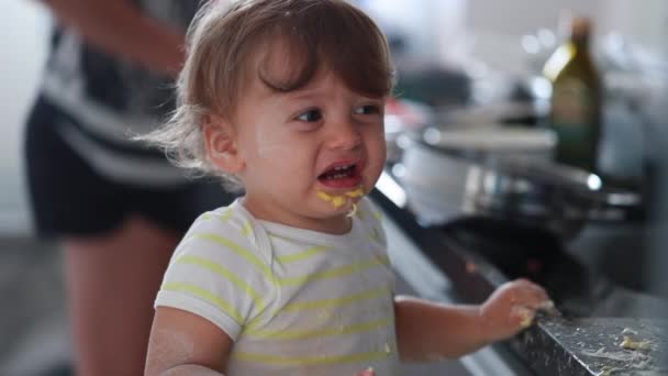 Upset Baby Covered Flour Kitcen Angry Child Hhaving Tantrum Toddler — Stok Video