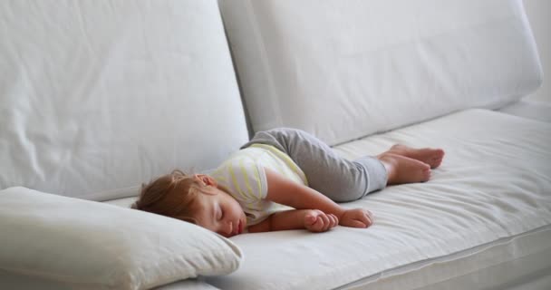 Candid Baby Sleeping Sofa Afternoon Nap Cute Infant Toddler Asleep — Stockvideo
