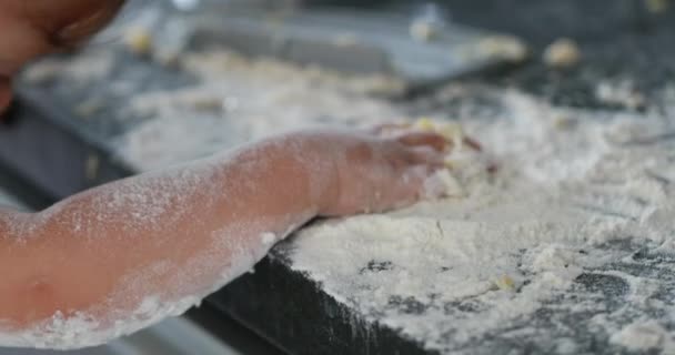 Messy Baby Hand Covered Flour Dough While Cooking Infant Child — Stockvideo