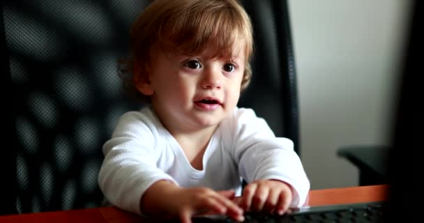 Baby Home Office Pretending Work Front Computer Desk One Year — Vídeos de Stock