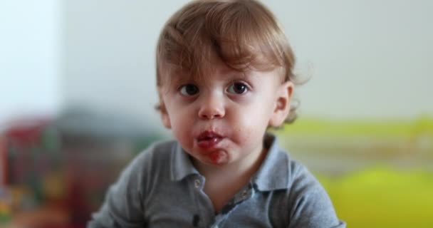 One Year Old Baby Chewing Food Portrait Infant Toddler Mouth — 图库视频影像
