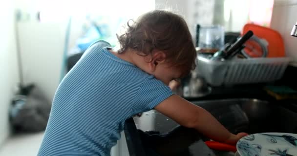 Baby Kitchen Sink Helping Household Little Helper Toddler Chores — Stock video