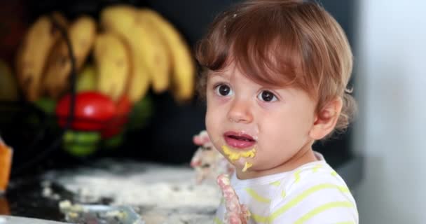 Messy Toddler Boy Portrait Covered Flour Dough Kitchen Messy Infant — Stock video