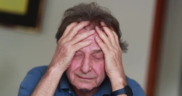 Stressed Older Man Covering Face Hands Senior Person Feeling Pain — Stok video