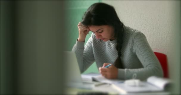 Candid Woman Working Home Casual Authentic Female Student Doing Homework — стоковое видео