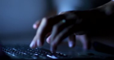 Hand close-up using laptop computer, closeup fingers pressing keyboard pad