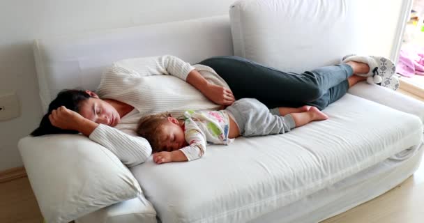 Mother Baby Sleeping Together Home Sofa — Stockvideo