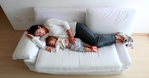 Tired Mom Baby Napping Lying Couch Mother Infant Sleeping Together — Vídeos de Stock