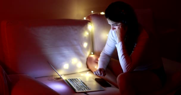 Tired Woman Working Home Late Night Front Computer Laptop Yawning — Stock video