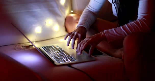 Woman Using Laptop Night Person Browsing Computer Wearing Headphones — Video Stock