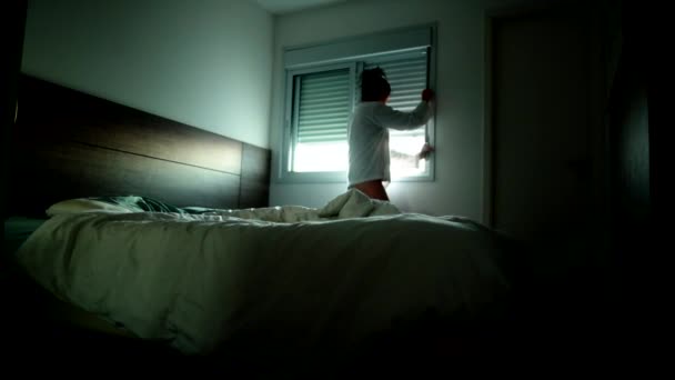 Person Starting New Day Morning Ritual Woman Waking Opening Window — Vídeo de stock