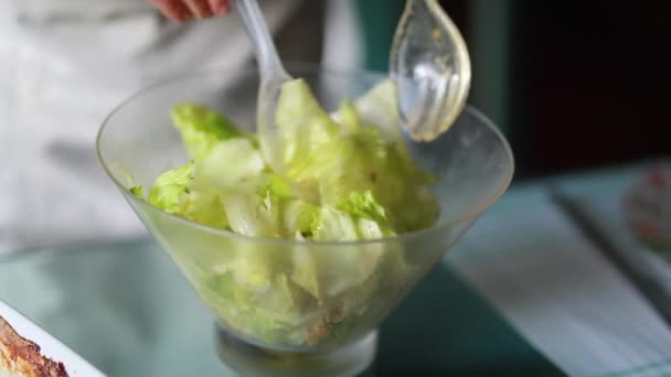 Person Preparing Green Salad Hands Mixing Green Leafs — Stok video