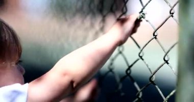 Child watching game leaning on fence, video 