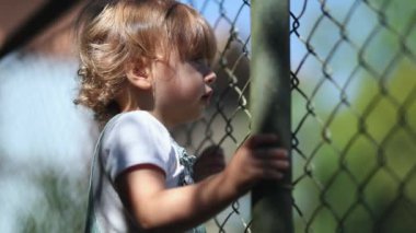 Child watching game leaning on fence, video 