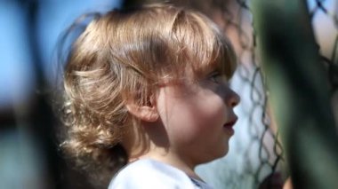 Child watching game leaning on fence, video 