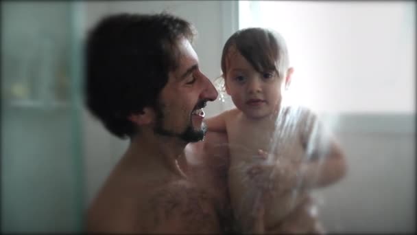 Father Holding Baby Shower Parent Washing Toddler Child Together — ストック動画