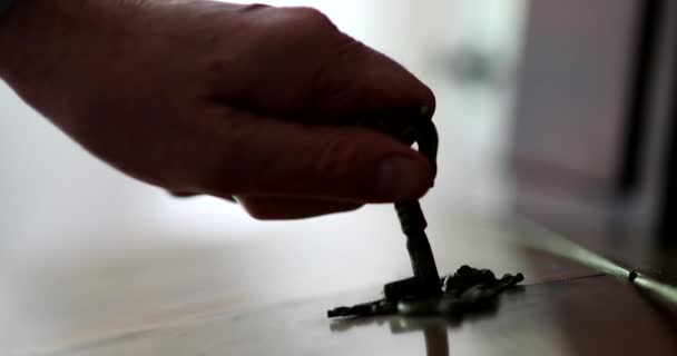 Hand Inserting Key Antique Furniture Close Person Removes Key — Vídeos de Stock