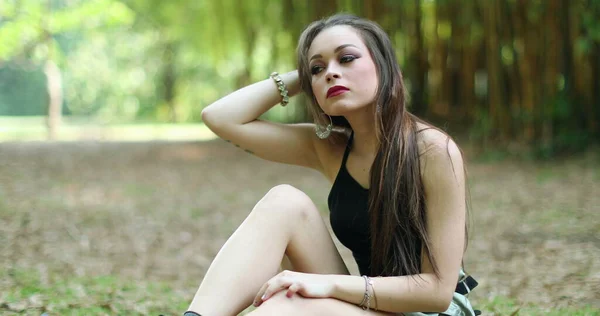 Sad Contemplative Lonely Millennial Young Woman Thoughtful Pretty Girl Outdoor — Stock Photo, Image