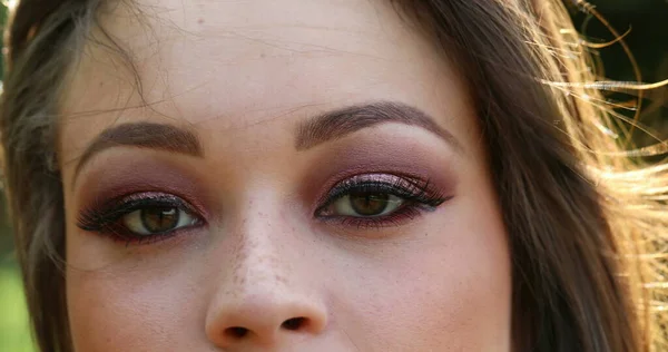 Woman Macro Eyes Closeup Looking Camera Pretty Millennial Girl Face — Stock Photo, Image