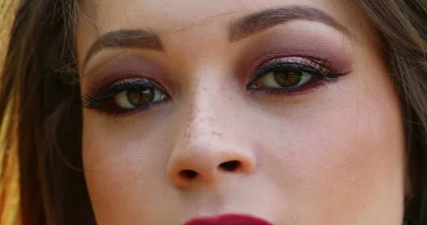 Woman Macro Closeup Face Opening Eyes Pretty Millennial Girl Face — Stock Photo, Image