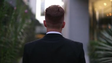 Business man walking at corporate center. Back of confident handsome redhair person walking