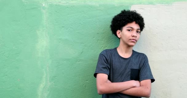 Young Boy Standing Arms Crossed Observing Mixed Race Child Black — Vídeo de stock