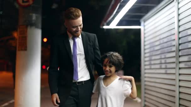 Father Child Holding Hands Walking City Sidewalk Night Business Man — 비디오