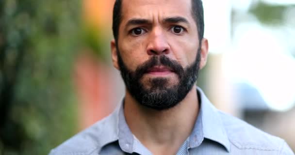 Serious Hispanic Man Walking Forward Close Latino Person Face — Stockvideo