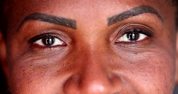 Femeie Africană Încrezătoare Zâmbind Cameră Negru Etnie Feminin Close — Videoclip de stoc