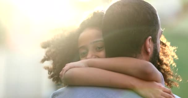Daughter Hugging Father Mixed Race Ethnicity Little Girl Hugs Dad — Αρχείο Βίντεο