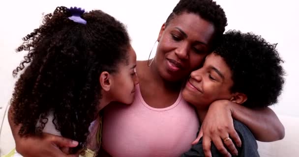 African Mother Embracing Son Daughter Mixed Race Mom Hugging Children — ストック動画