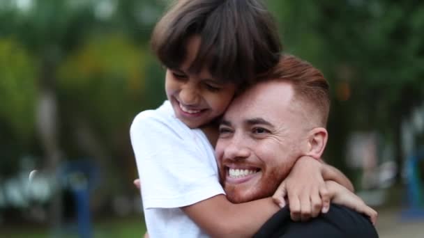 Authentic Interracial Father Son Child Hugging Together Real Life Dad — Stockvideo