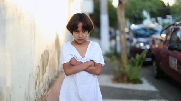 Upset Child Boy Crossing Arms Looking Camera Becoming Angry Mixed — Stok video