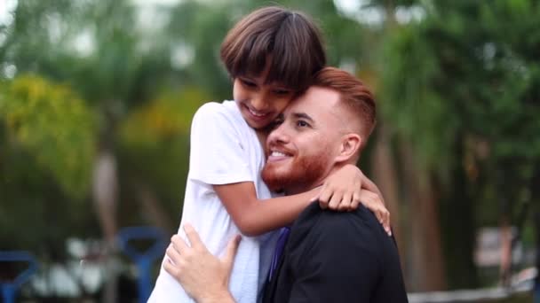 Father Son Embrace Real Life Authentic Love Relationship Ethnically Diverse — Vídeo de stock