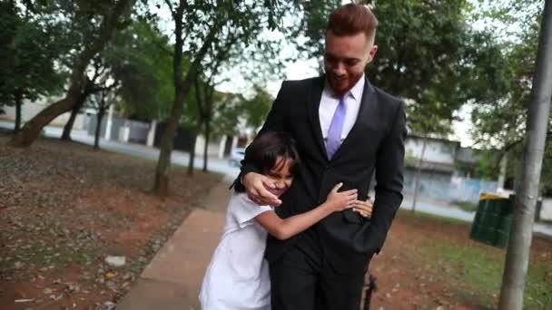 Father Son Child Relationship Businessman Redhair Man Walking Bonding Mixed — Vídeo de Stock