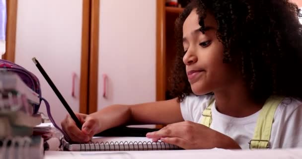 Little Girl Studying Home Mixed Race Child Writing Notes Doing — Stockvideo