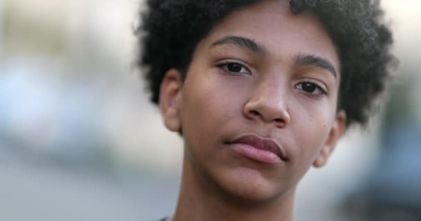 Serious Mixed Race Young Boy Looking Camera Black Ethnic Kid — Vídeo de Stock