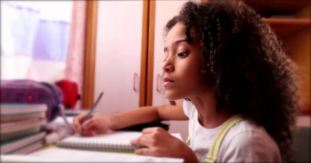 Little School Girl Studying Home Writing Notes Black Mixed Race — Vídeos de Stock