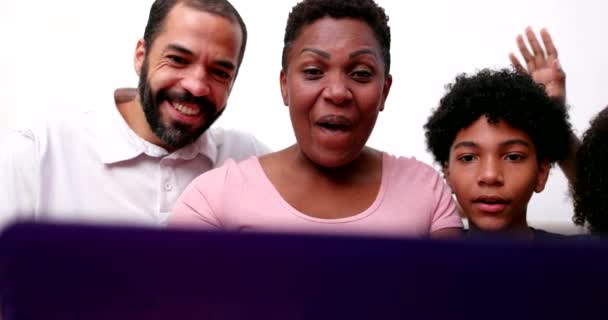 Happy Family Video Conference Laptop Webcam Interracial Parents Mixed Race — Αρχείο Βίντεο