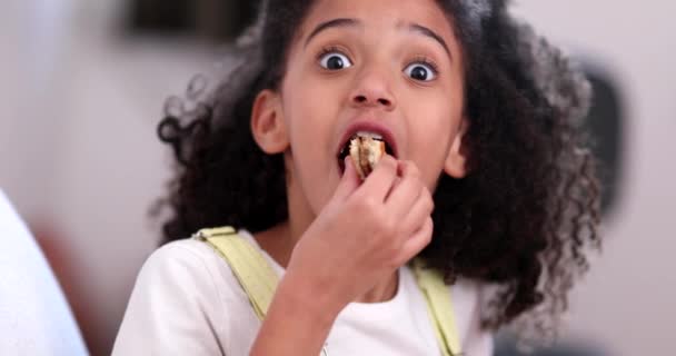 Little Girl Eating Burger Child Taking Bite Hamburger — Stockvideo