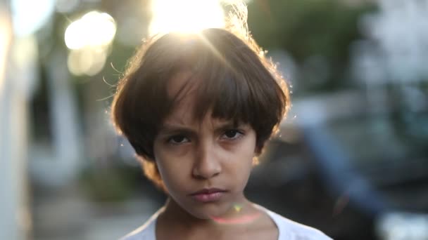 Upset Child Crossing Arms Looking Camera Mixed Race Young Boy — Stock video