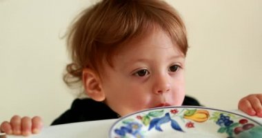 Cute baby child holding into table while supper meal
