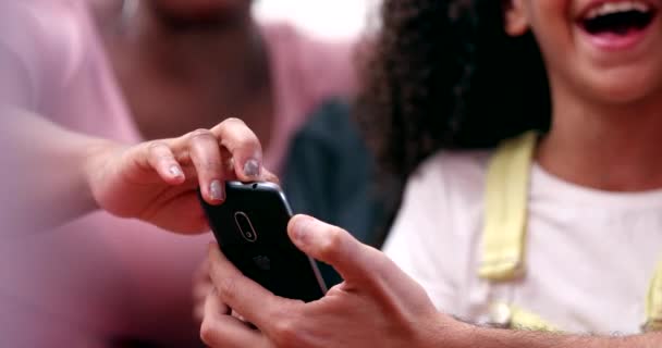 Happy Family Hands Holding Mobile Phone Parents Children Using Cellphone — 图库视频影像