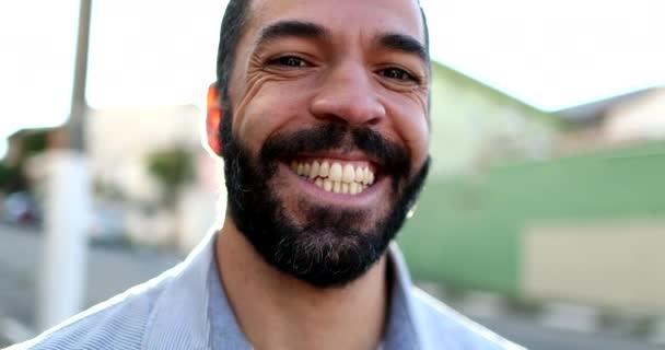 Hispanic Man Smiling Camera Standing Street South American Person Portrait — Wideo stockowe