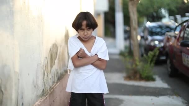 Angry Child Crossing Arms Looking Camera Upset Kid Mixed Race — Stok Video