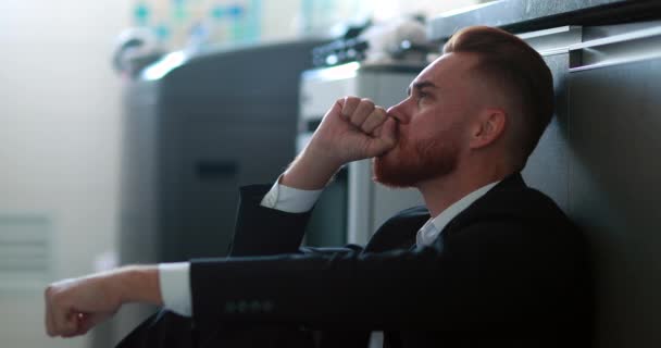 Man Wearing Business Suit Sitting Home Floor Feeling Despair Anxiety — Vídeo de Stock