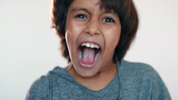 Angry Child Screaming Camera Upset Portrait Mixed Race Yelling — Video