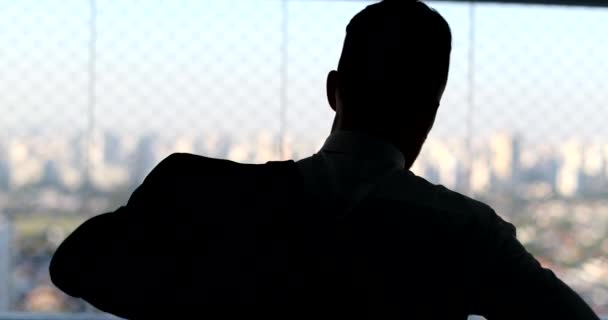 Silhouette Business Man Putting Suit Morning Office Executive Preparing Routine — Vídeo de Stock